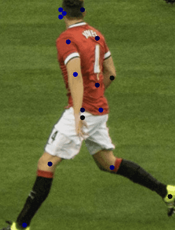 A soccer player running with joints marked as circles
