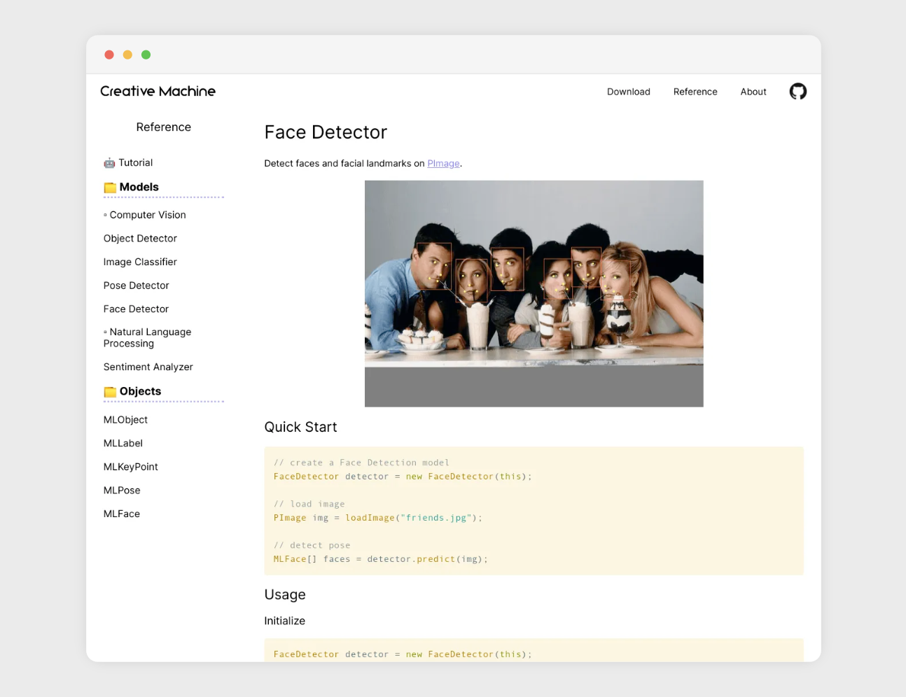 Screenshot of Creative Machine website showing face detector demo
